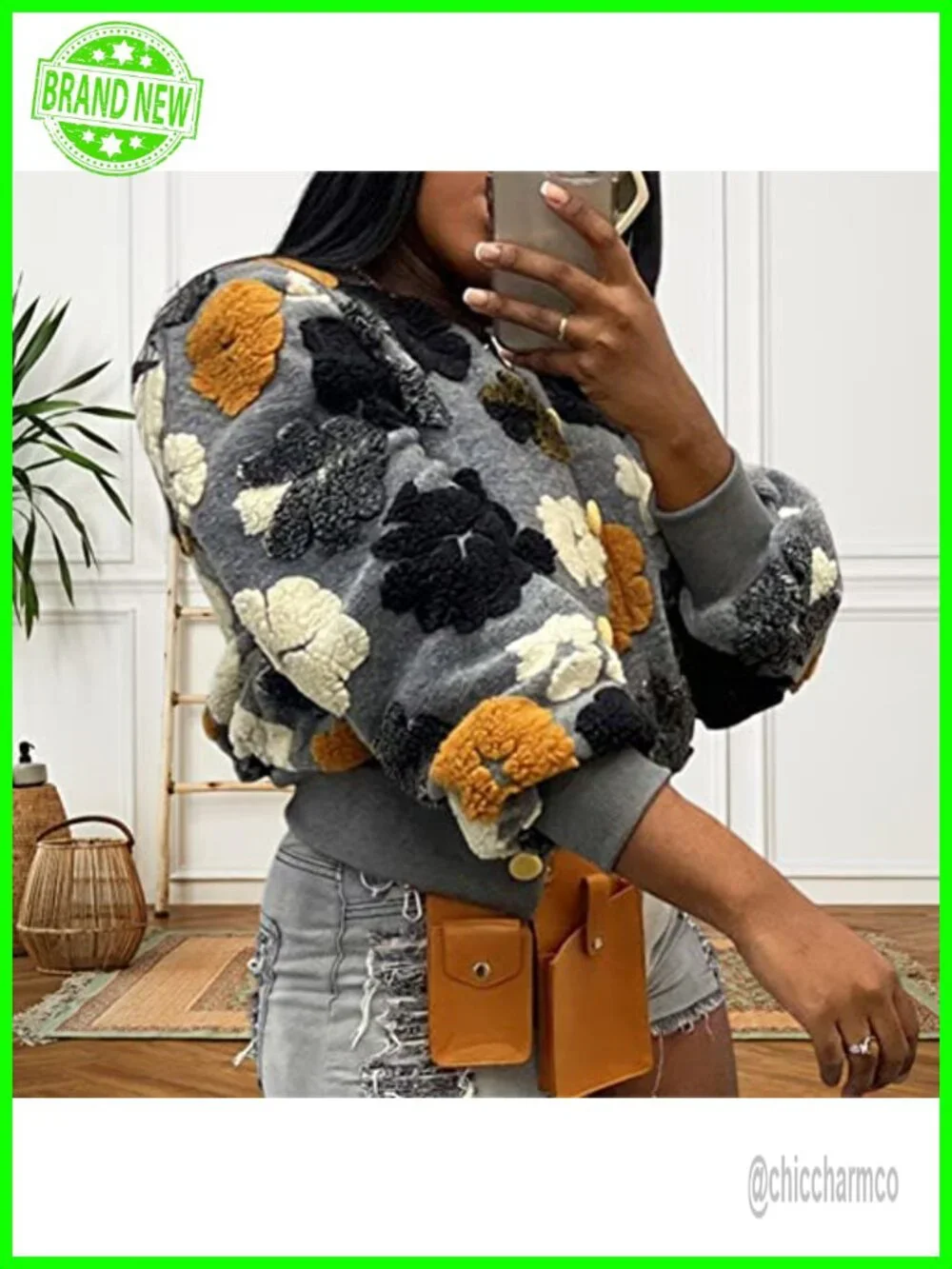 Cropped Floral Sherpa Bomber Jacket Puff Sleeve Fall Winter Coat